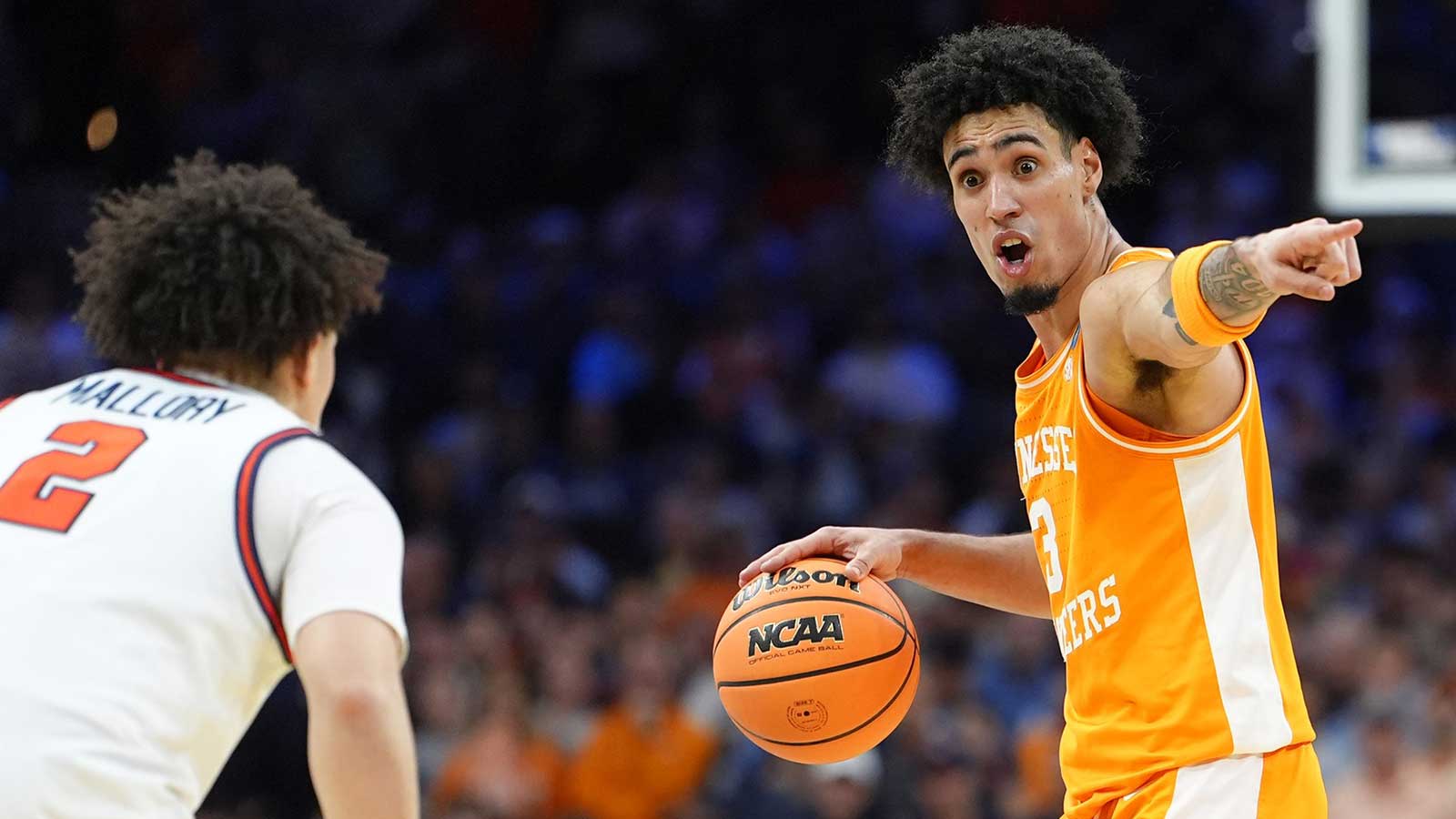 Tennessee Volunteers guard Bishop Boswell (3) reacts against the Virginia Cavaliers