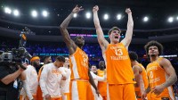 Tennessee Volunteers forward J.P. Estrella (13) reacts after defeating the Virginia Cavaliers during a second round game of the men's 2026 NCAA Tournament at Xfinity Mobile Arena.