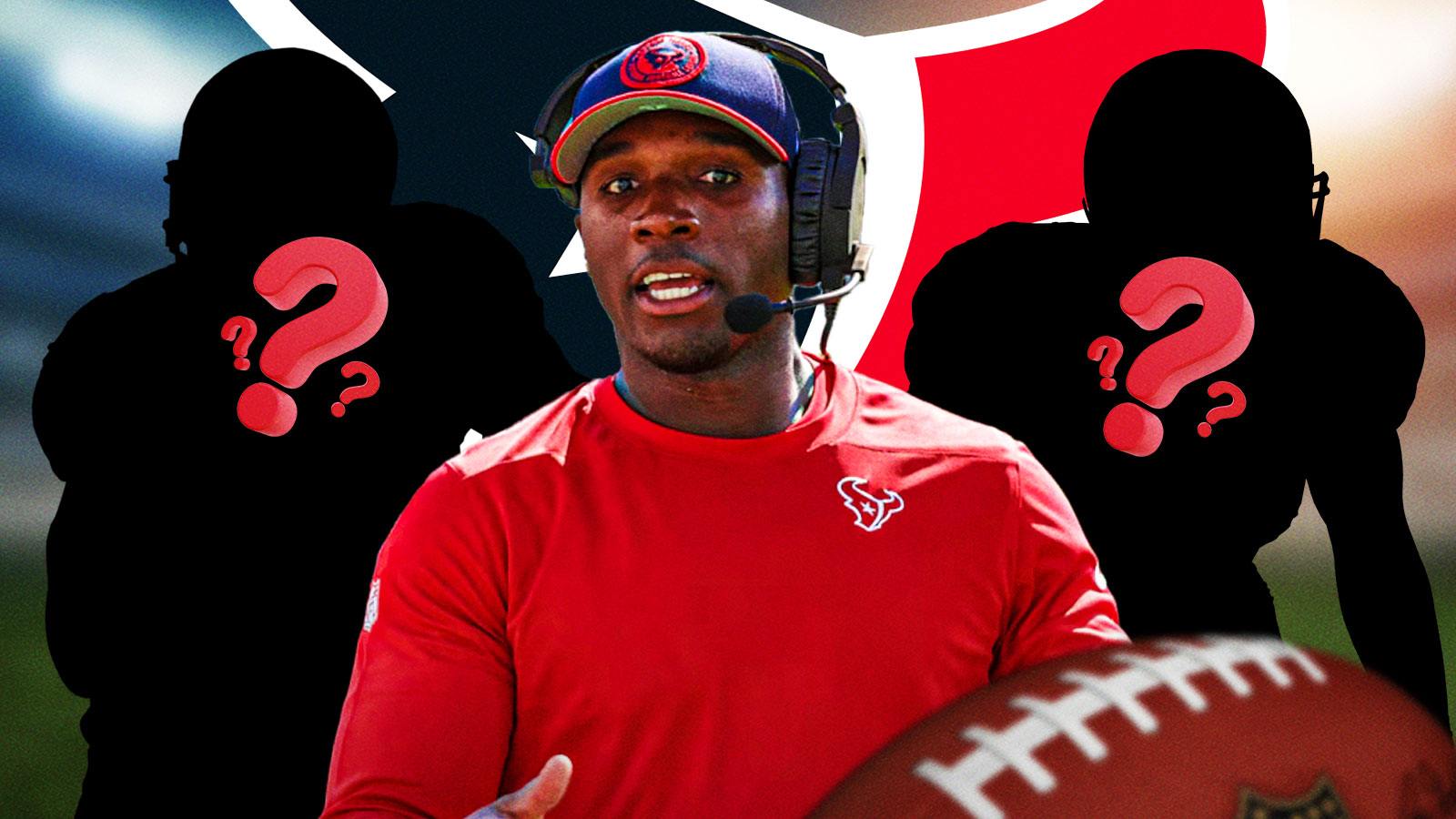 Texans head coach DeMeco Ryans next to two silhouettes of American football players with big question mark emojis inside. There is also a logo for the Houston Texans in the background.