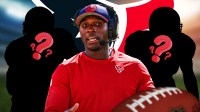 Texans head coach DeMeco Ryans next to two silhouettes of American football players with big question mark emojis inside. There is also a logo for the Houston Texans in the background.