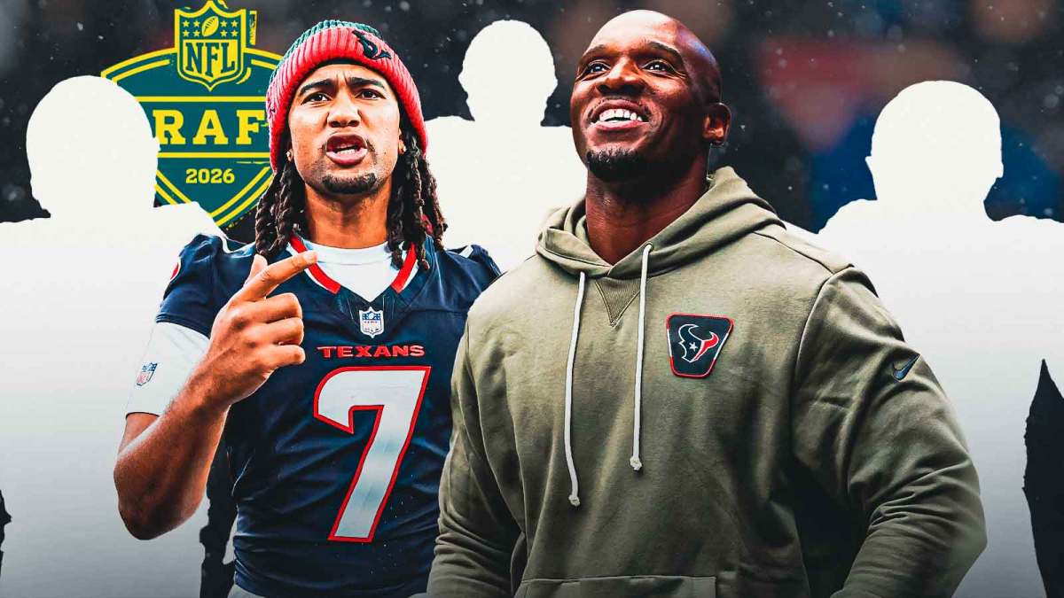 Coach DeMeco Ryans and CJ Stroud beside each other, 3 mystery players around them, NFL Draft logo in the background