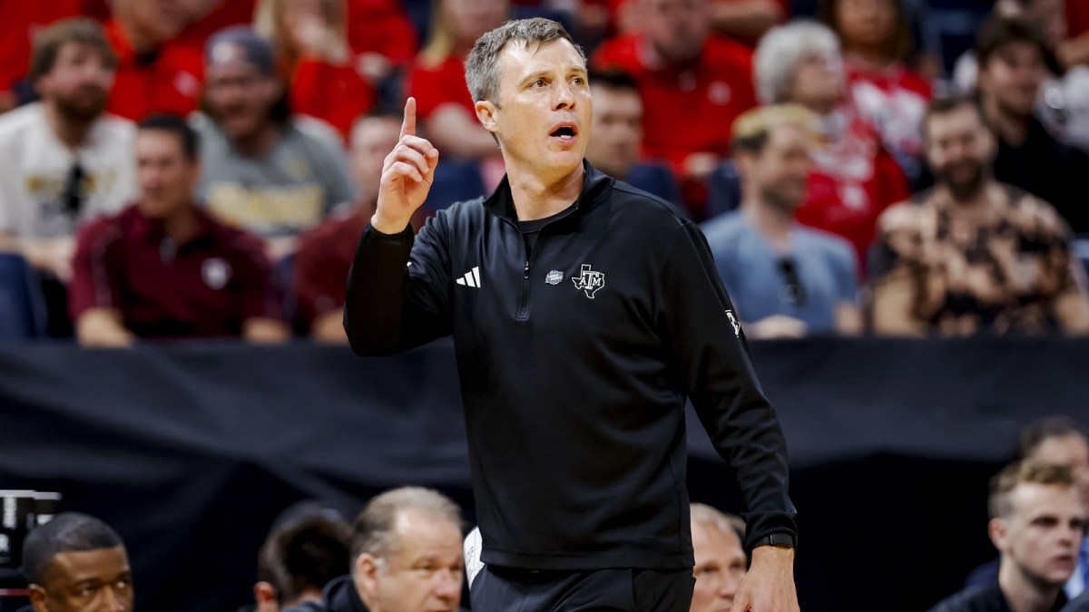Texas A&M Aggies coach Bucky McMillan during a first round game of the men's 2026 NCAA Tournament at Paycom Center.