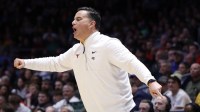 Texas Longhorns head coach Sean Miller reacts in the first half against the NC State Wolfpack during a first four game of the men's 2026 NCAA Tournament at University of Dayton Arena.