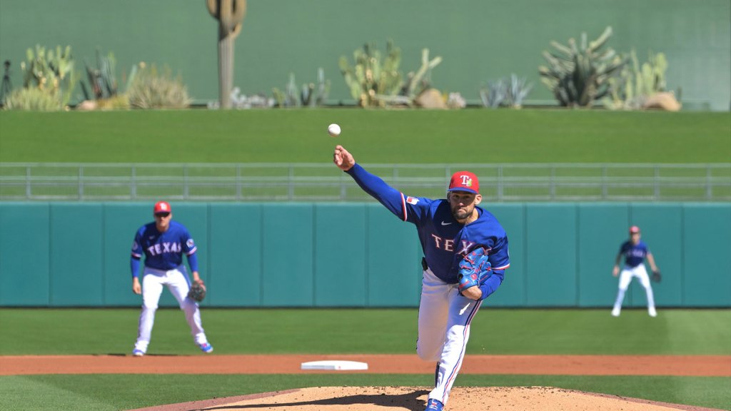 Texas Rangers pitcher Nathan Eovaldi (17) delivers to the plate in the first inning against the Kansas City Royals.
