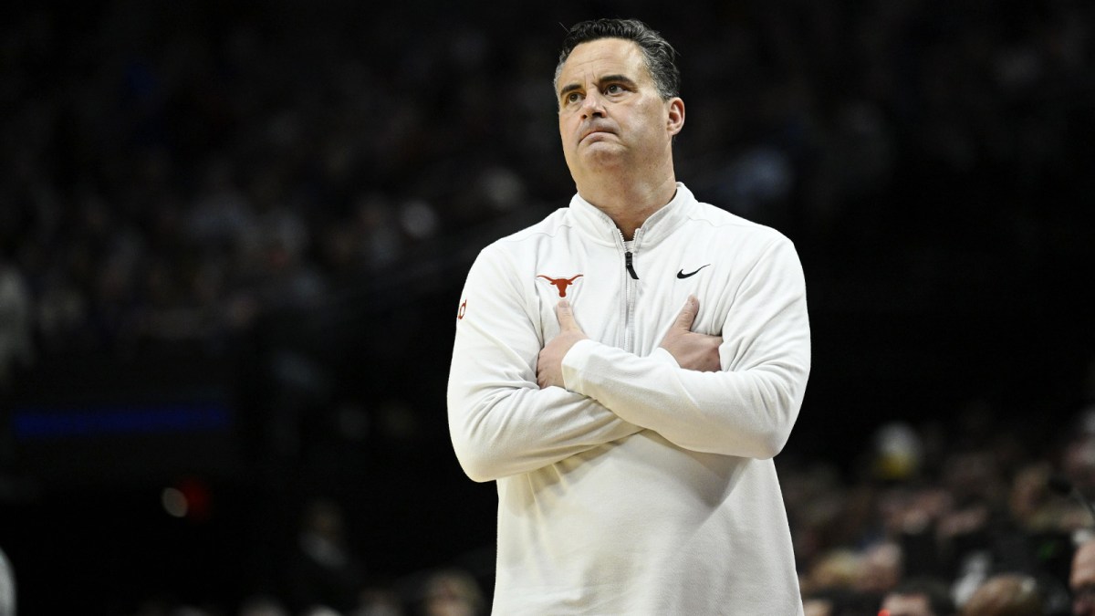 Texas Longhorns head coach Sean Miller in the second half against the Gonzaga Bulldogs during a second round game of the men's 2026 NCAA Tournament at Moda Center.