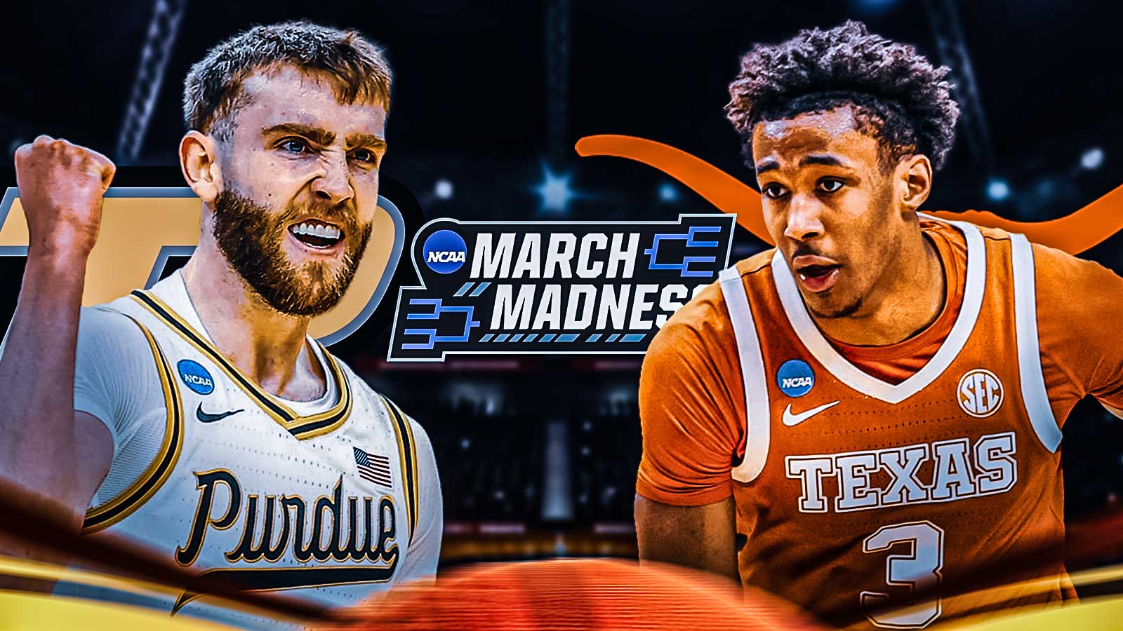 Purdue PG Braden Smith and Texas SG Dailyn Swain with March Madness logo in between them. Purdue Boilermakers logo and Texas Longhorns logo behind them.