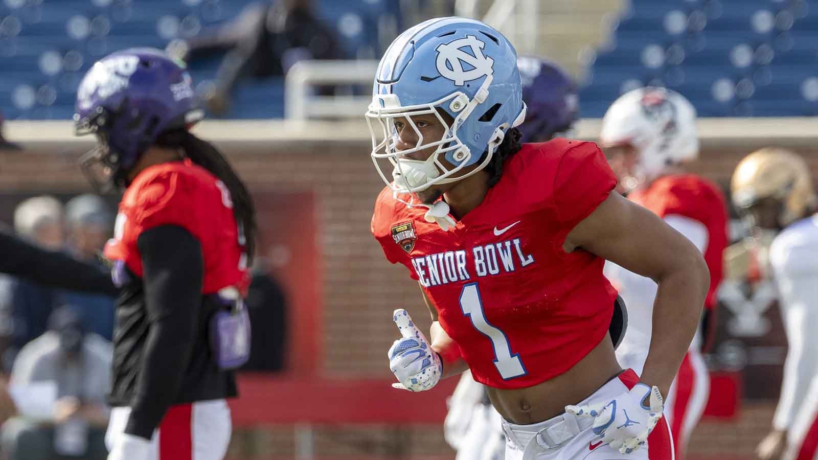 National defensive back Thaddeus Dixon (1) of North Carolina practices during National Senior Bowl practice at Hancock Whitney Stadium. 