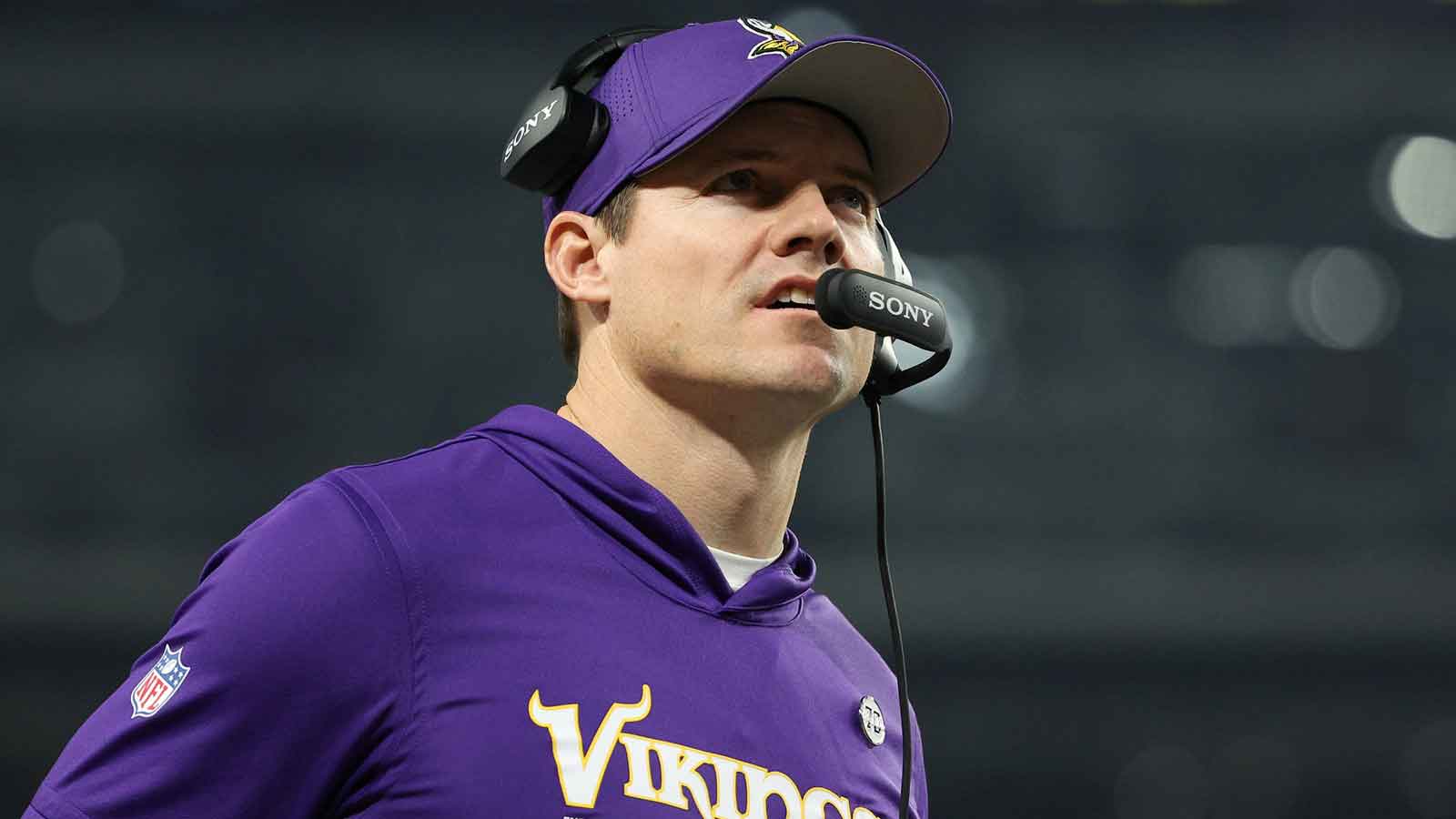 Minnesota Vikings head coach Kevin O'Connell looks on in the second quarter against the Detroit Lions at U.S. Bank Stadium.