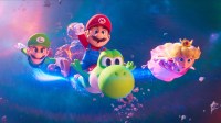 Yoshi (Donald Glover), Mario (Chris Pratt), and Princess Peach (Anya Taylor-Joy) in The Super Mario Galaxy Movie.