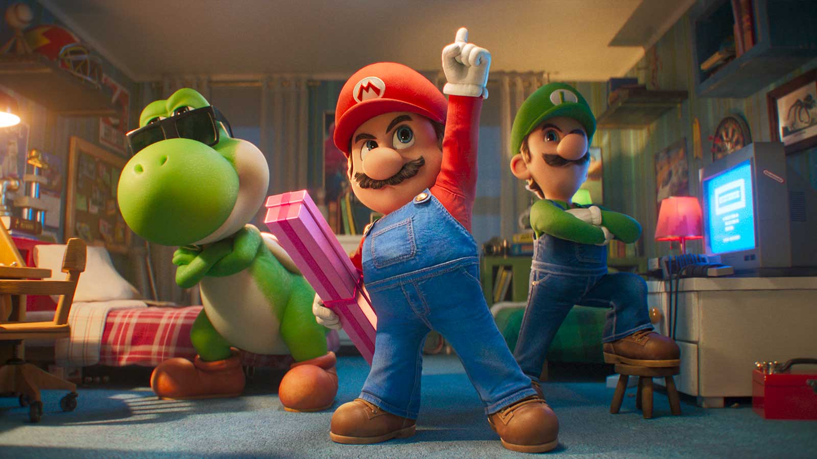 Yoshi (Donald Glover), Mario (Chris Pratt), and Luigi (Charlie Day) in The Super Mario Galaxy Movie.
