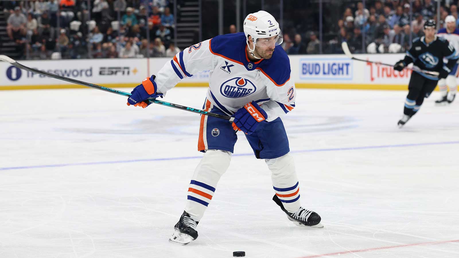 Edmonton Oilers defenseman Evan Bouchard (2) shoots against the Utah Mammoth during the second period at Delta Center. 