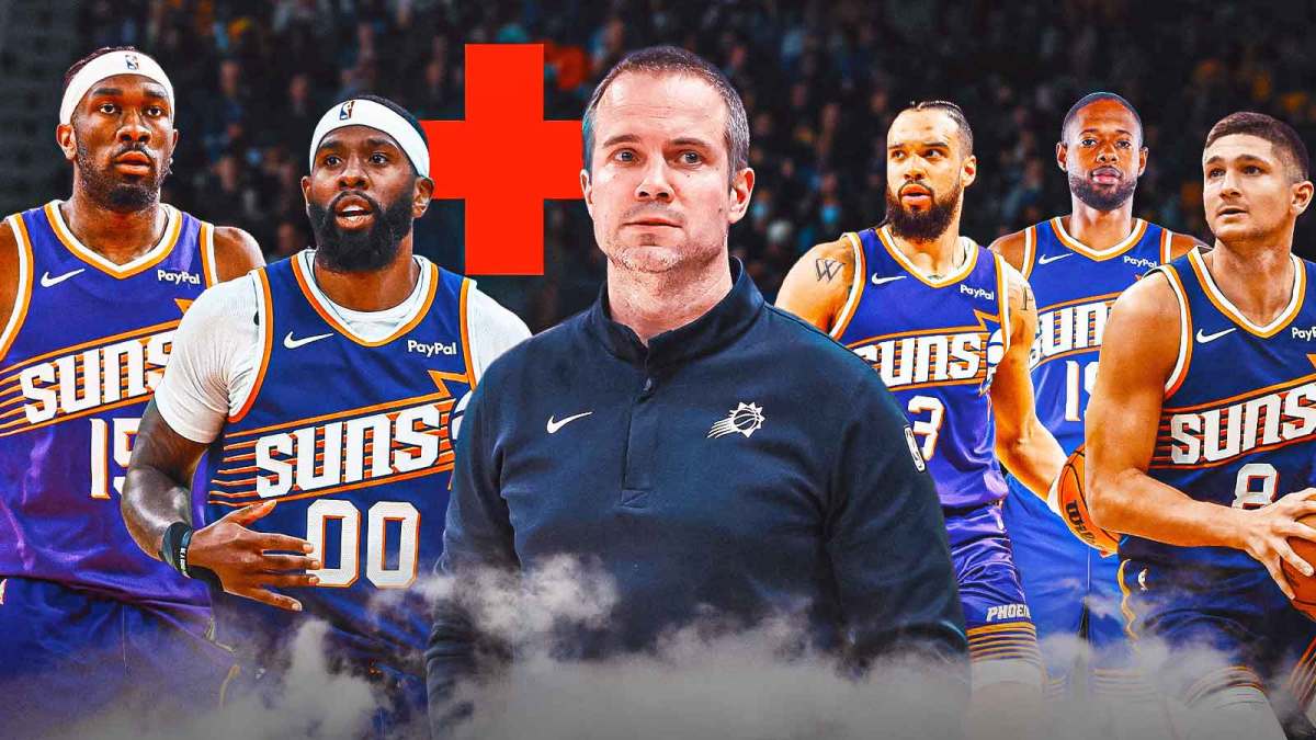 Phoenix Suns head coach Jordan Ott looking defeated, with Suns players Royce O'Neale, Mark Williams, Grayson Allen, Haywood Highsmith, and Dillon Brooks all with first aid signs around them