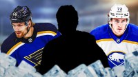 Colton Parayko with Blues and Tage Thompson with Sabres. Silhouette of Dougie Hamilton in middle