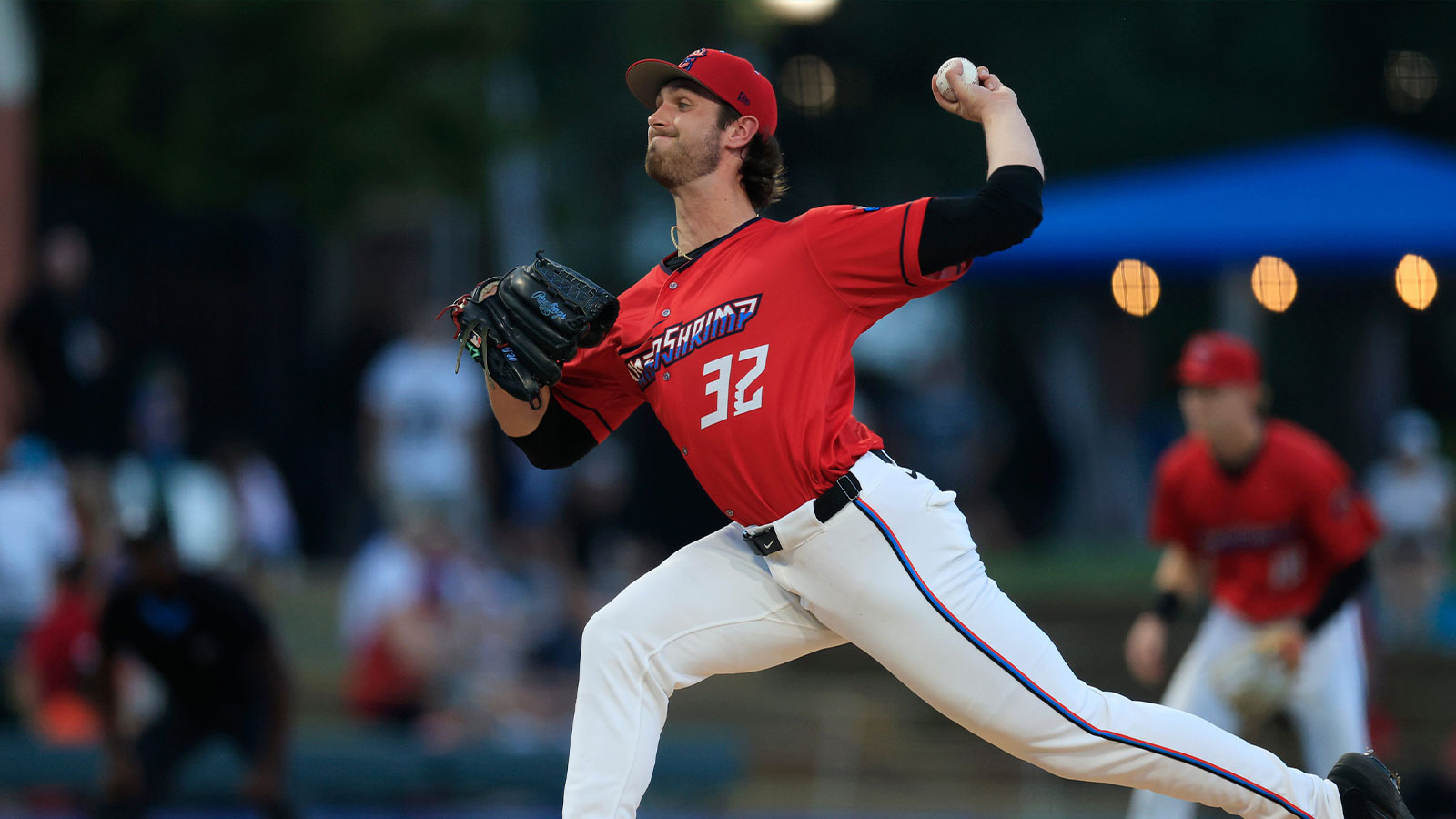 Jacksonville Jumbo Shrimp pitcher Thomas White (32) pitches during the first inning of Game 2 of an MiLB International League Championship Series at VyStar Ballpark Wednesday, Sept. 24, 2025 in Jacksonville, Fla. The Jacksonville Jumbo Shrimp defeated the Scranton/Wilkes-Barre RailRiders 6-4 and force a Game 3 Thursday evening for the title championship