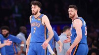 Thunder center Chet Holmgren (7) and center Isaiah Hartenstein (55) react after a basket during the first half against the New York Knicks at Madison Square Garden