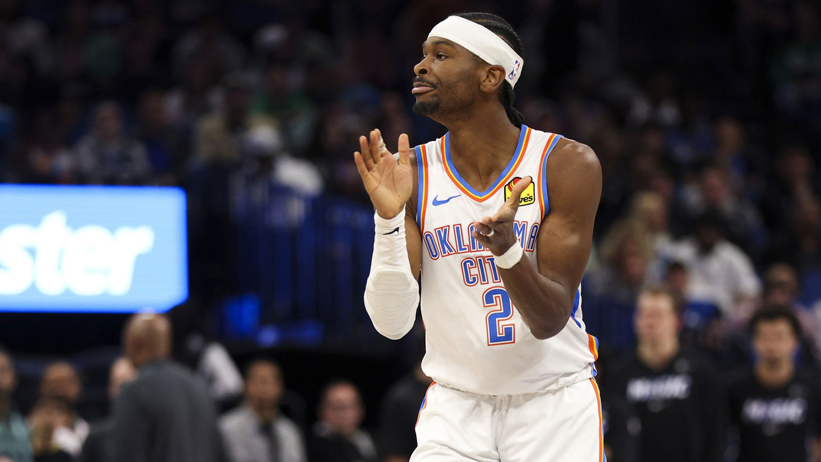 Thunder guard Shai Gilgeous-Alexander (2) reacts after making a basket against the Orlando Magic in the fourth quarter at Kia Center