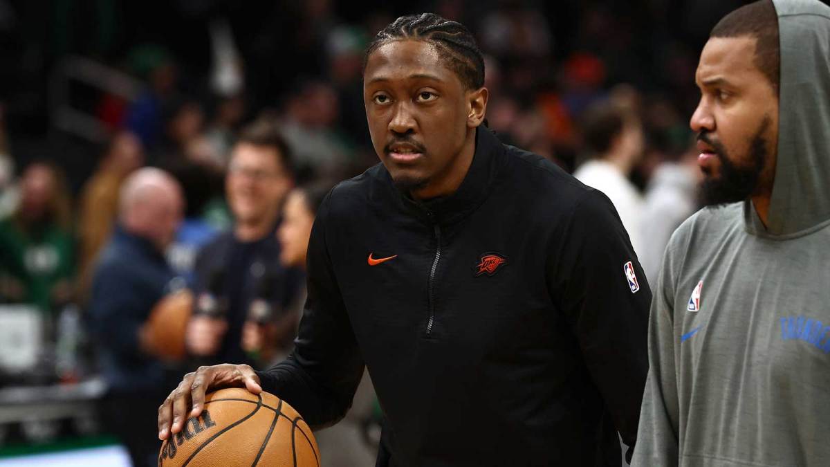 Thunder guard Jalen Williams (8) before their game against the Boston Celtics during the first quarter at TD Garden