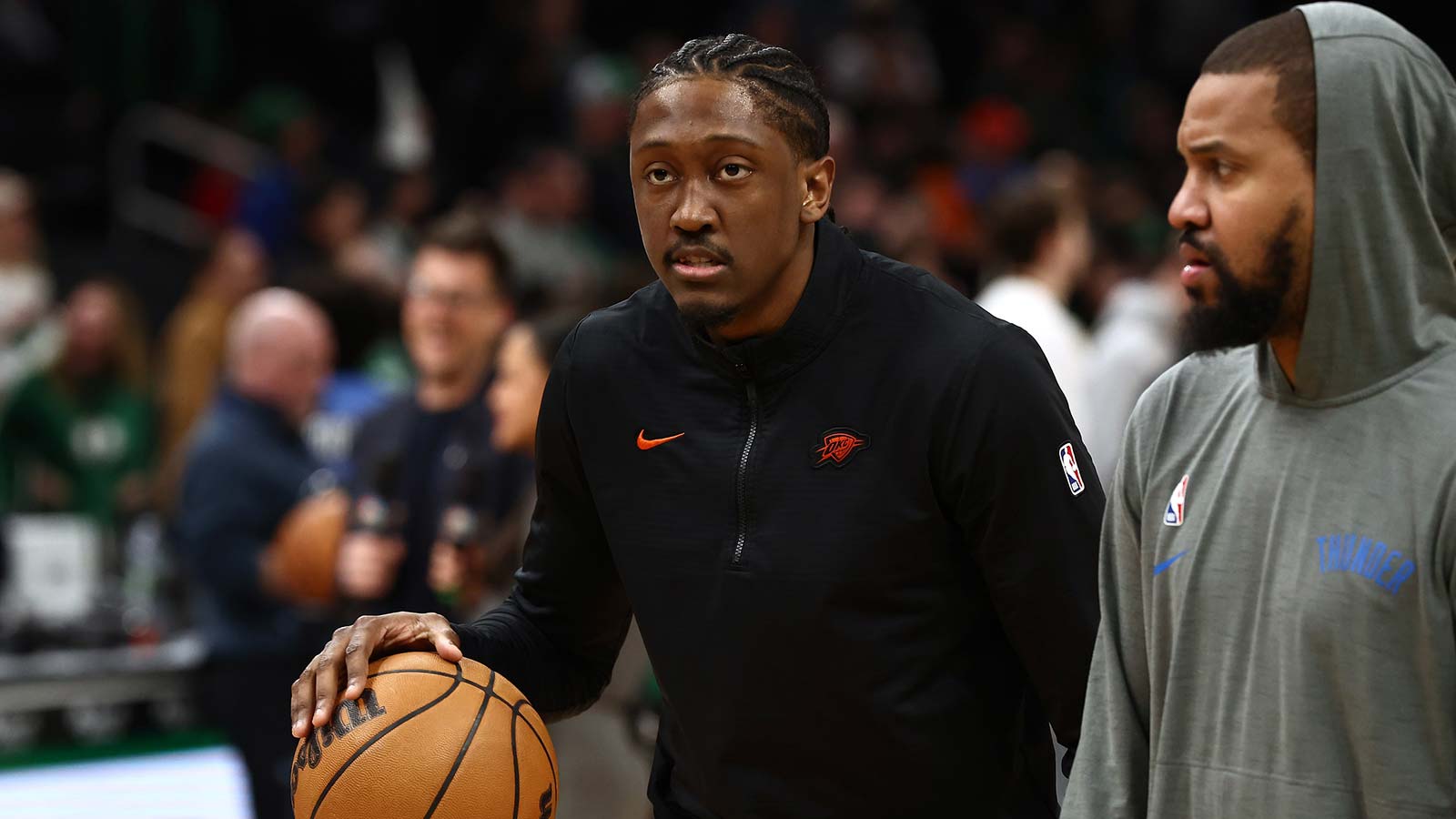 Thunder guard Jalen Williams (8) before their game against the Boston Celtics during the first quarter at TD Garden
