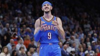 Oklahoma City Thunder guard Alex Caruso (9) reacts after a play against the Boston Celtics during the fourth quarter at Paycom Center.