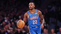 Thunder guard Cason Wallace (22) dribbles up court against the New York Knicks during the first half at Madison Square Garden