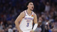 Thunder guard Jared McCain (3) celebrates after scoring against the Minnesota Timberwolves during the second half at Paycom Center