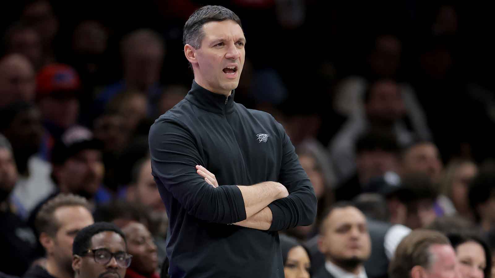 Thunder head coach Mark Daigneault coaches against the Brooklyn Nets during the first quarter at Barclays Center