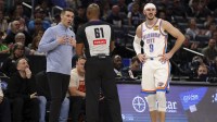 Thunder head coach Mark Daigneault talks to referee Courtney Kirkland (61) after a foul by guard Alex Caruso (9) against the Orlando Magic in the second quarter at Kia Center Alex Caruso shoe block