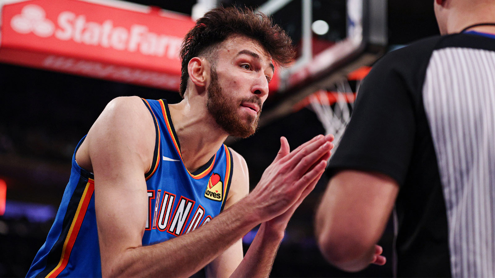 Thunder center Chet Holmgren (7) reacts after a call during the second half against the New York Knicks at Madison Square Garden