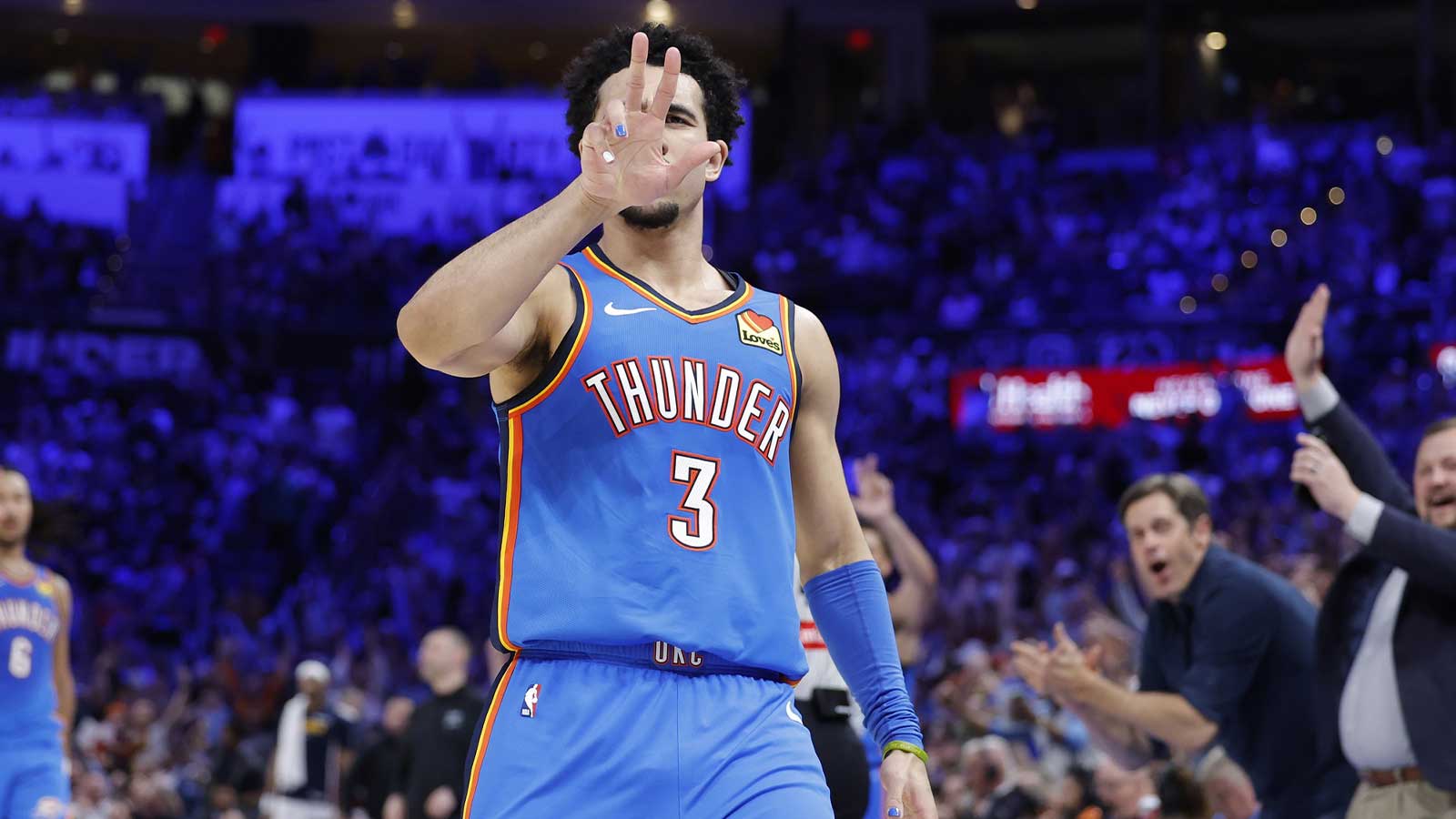 Thunder guard Jared McCain (3) gestures after scoring against the Denver Nuggets during the second half at Paycom Center