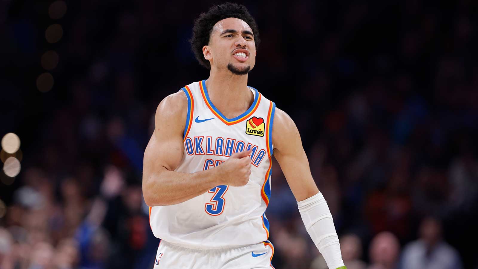 Oklahoma City Thunder guard Jared McCain (3) celebrates after scoring against the Minnesota Timberwolves during the second half at Paycom Center.