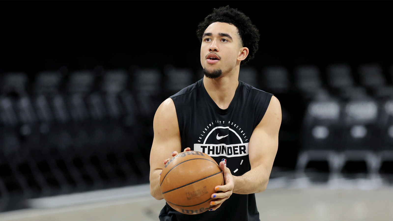 Thunder guard Jared McCain (3) warms up before a game against the Brooklyn Nets at Barclays Center