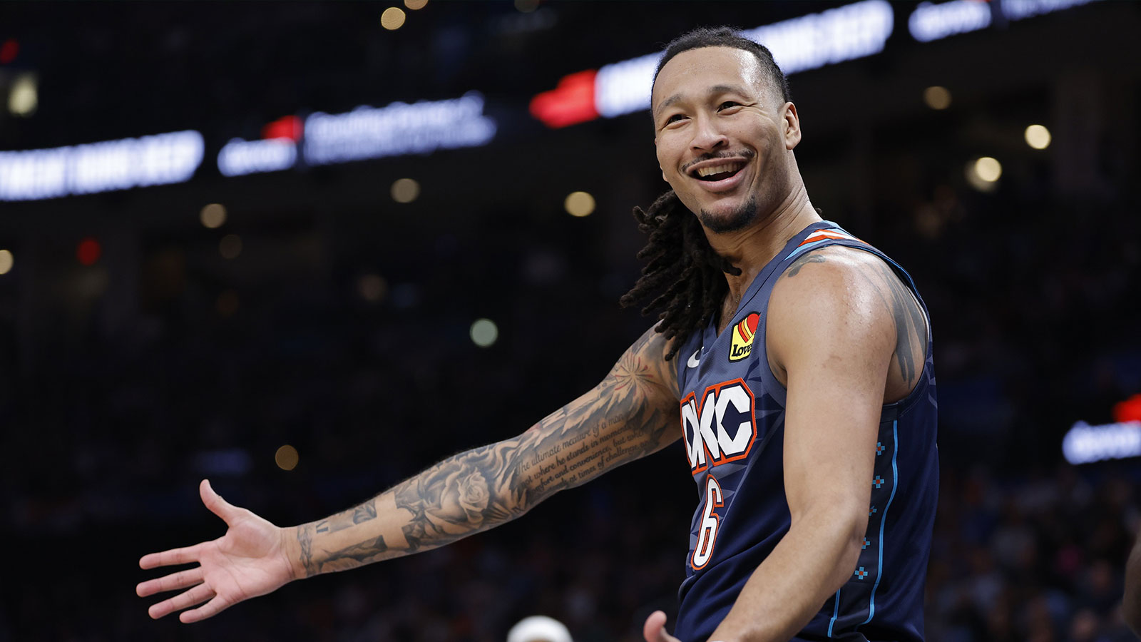 Thunder forward Jaylin Williams (6) smiles after play against the Chicago Bulls during the second half at Paycom Center