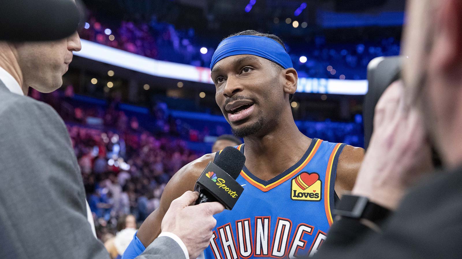 Thunder guard Shai Gilgeous-Alexander (2) talks to the tv media after defeating the Denver Nuggets during the secoand half at Paycom Center