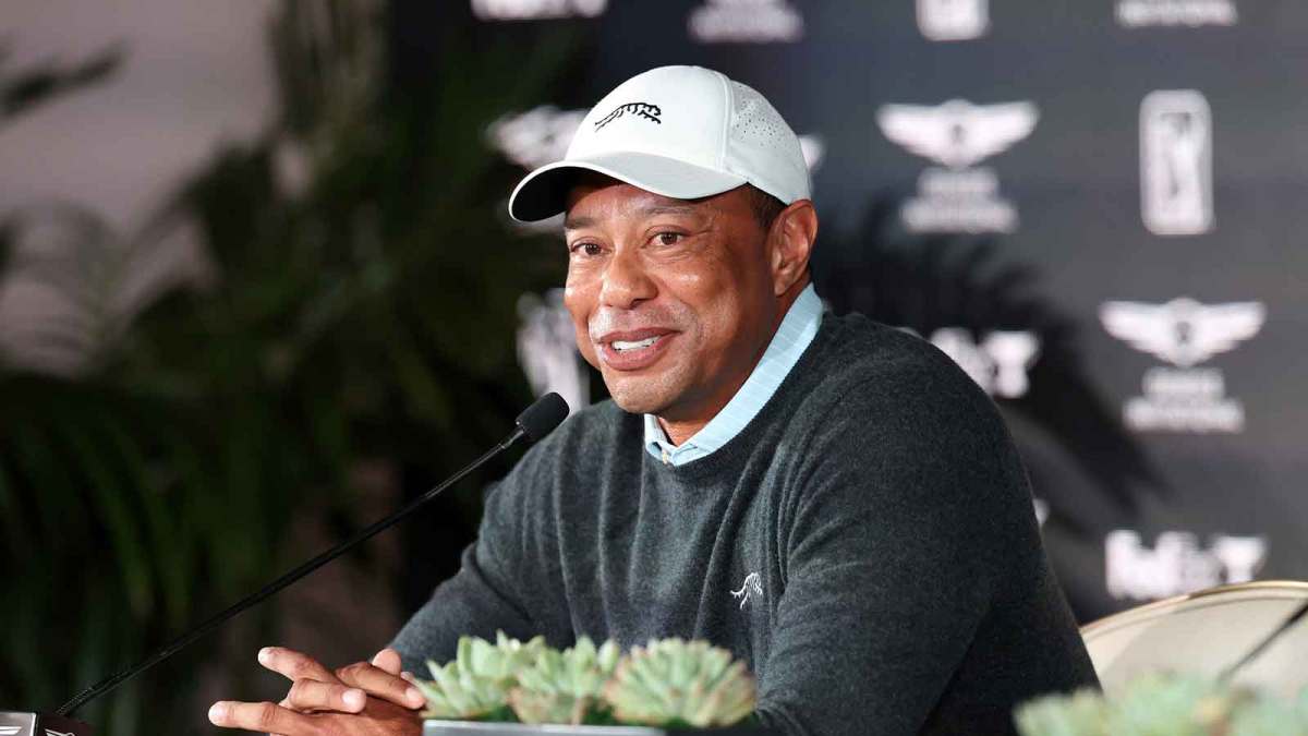 Genesis Invitational tournament host Tiger Woods speaks to the media during a press conference at Riviera Country Club.