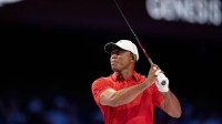 Tiger Woods of Jupiter Links GC tees off during match against Los Angeles Golf Club during the TGL finals at SoFi Center on March 24, 2026, in Palm Beach Gardens, Florida.