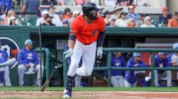 Detroit Tigers left fielder Riley Greene (31) runs to first during the first inning against the Toronto Blue Jays at Publix Field at Joker Marchant Stadium.