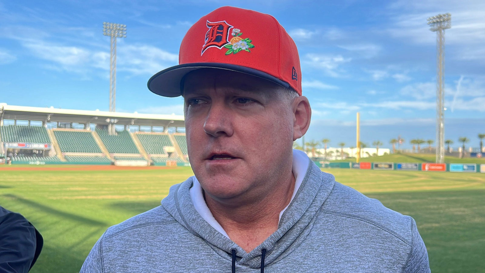 Detroit Tigers manager A.J. Hinch talks to reporters February 11, 2026, on the first day of spring training at Joker Marchant Stadium in Lakeland, Florida.