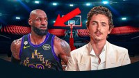 LeBron James and Timothée Chalamet with basketball court background.