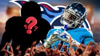 Notre Dame running back Jeremiyah Love in a Tennessee Titans uniform. He is next to a silhouette of an American football player with a big question mark emoji inside. There is also a logo for the Tennessee Titans in the background.