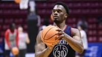 Arizona Wildcats forward Tobe Awaka (30) shoots during a practice session ahead of the first round of the men's 2026 NCAA Tournament at Viejas Arena.