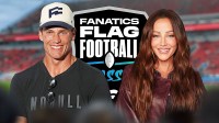 Tom Brady and Kay Adams with Fanatics Flag Football Classic logo and BMO Stadium background.