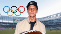 Olympic Games rings and NFL legend Tom Brady and BMO Stadium background, where the flag football competition will take place.