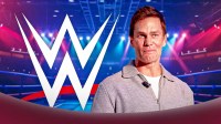 WWE logo and Tom Brady inside a ring.