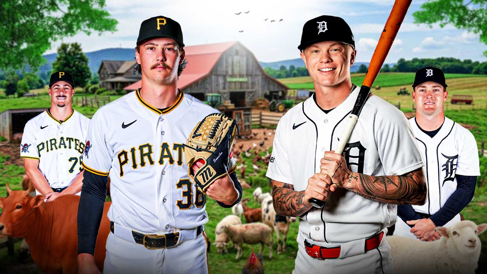 The background is a farm with a bunch of farm animals (pigs, cows, chickens, etc.) On one side of the graphic is Bubba Chandler and Konnor Griffin. On the other side is Kevin McGonigle and Max Clark.