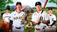 The background is a farm with a bunch of farm animals (pigs, cows, chickens, etc.) On one side of the graphic is Bubba Chandler and Konnor Griffin. On the other side is Kevin McGonigle and Max Clark.