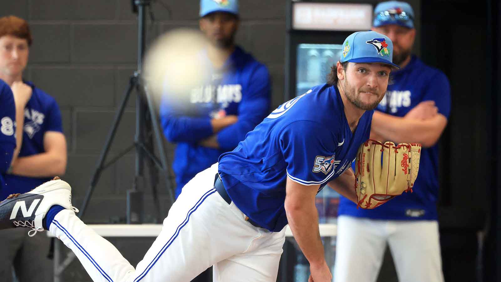 Toronto Blue Jays pitcher Trey Yesavage (39) throws a bullpen session for spring training practice at Blue Jays Player Development Complex.