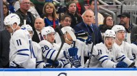 Toronto Maple Leafs head coach Craig Berube looks on from the bench during the third period against the St. Louis Blues at Enterprise Center.