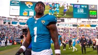 Jacksonville Jaguars running back Travis Etienne Jr. (1) walks off the field after losing to the Bills during an NFL football AFC Wild Card playoff matchup, Sunday, Jan. 11, 2026, in Jacksonville, Fla. Bills lead 10-7 at the half over the Jaguars. The Bills defeated the Jaguars 27-24.