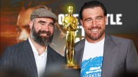 Jason & Travis Kelce with the Oscars; Background - One Battle After Another poster