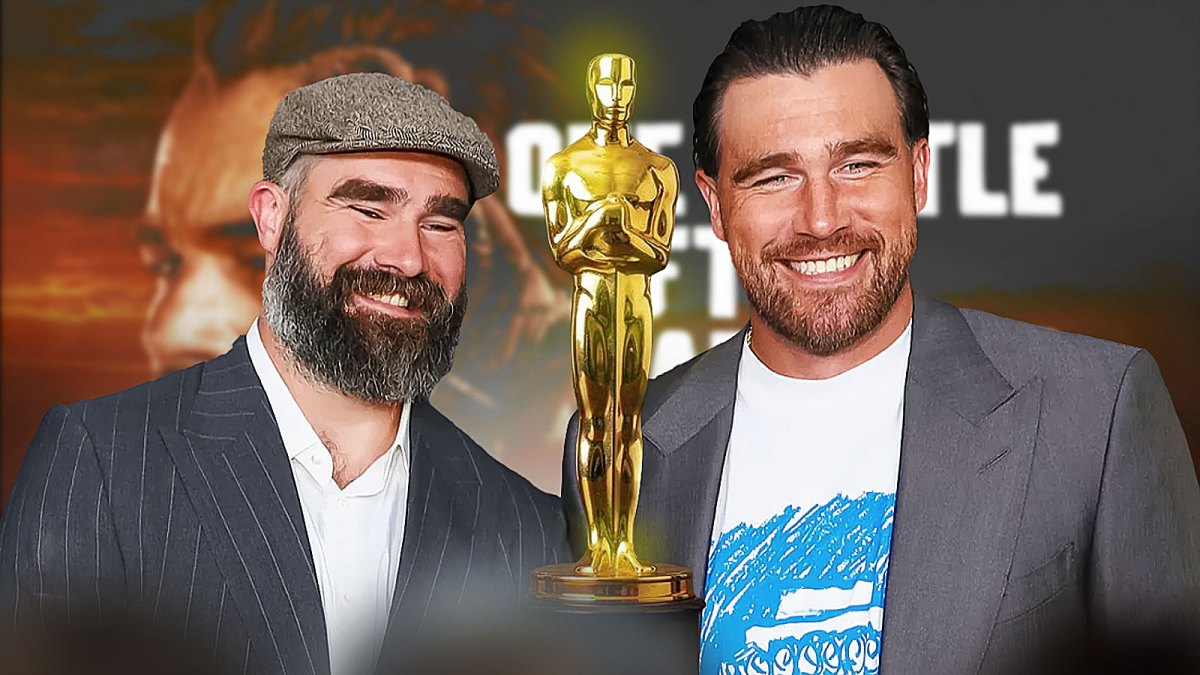 Jason & Travis Kelce with the Oscars; Background - One Battle After Another poster